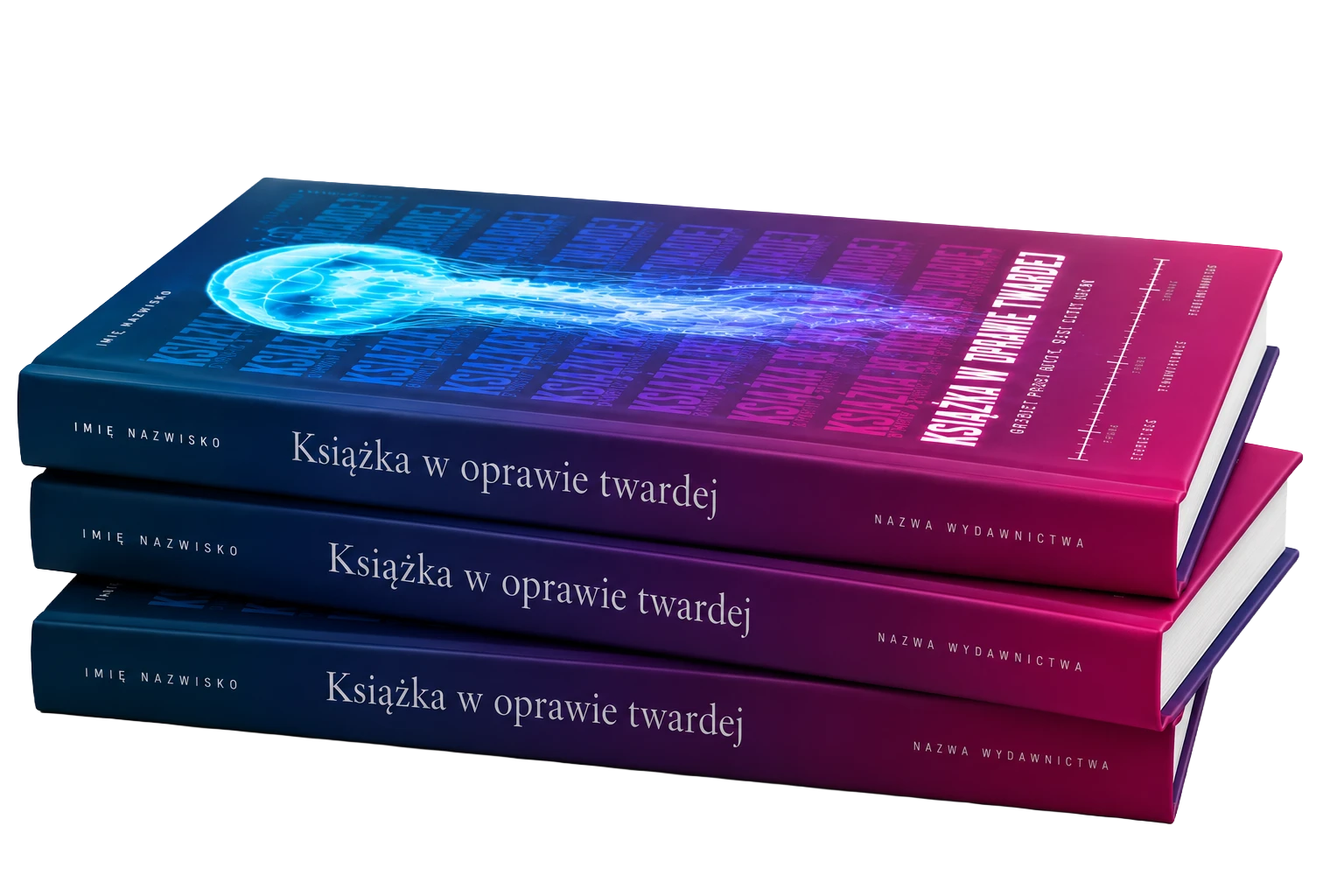 Trzy książki w twardych oprawach ułożone jedna na drugiej, widoczne grzbiety i bloki stron