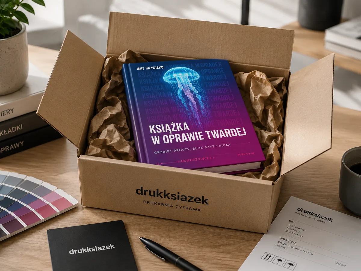 Wydrukowana książka w twardej oprawie zapakowana w karton, gotowa do wysyłki